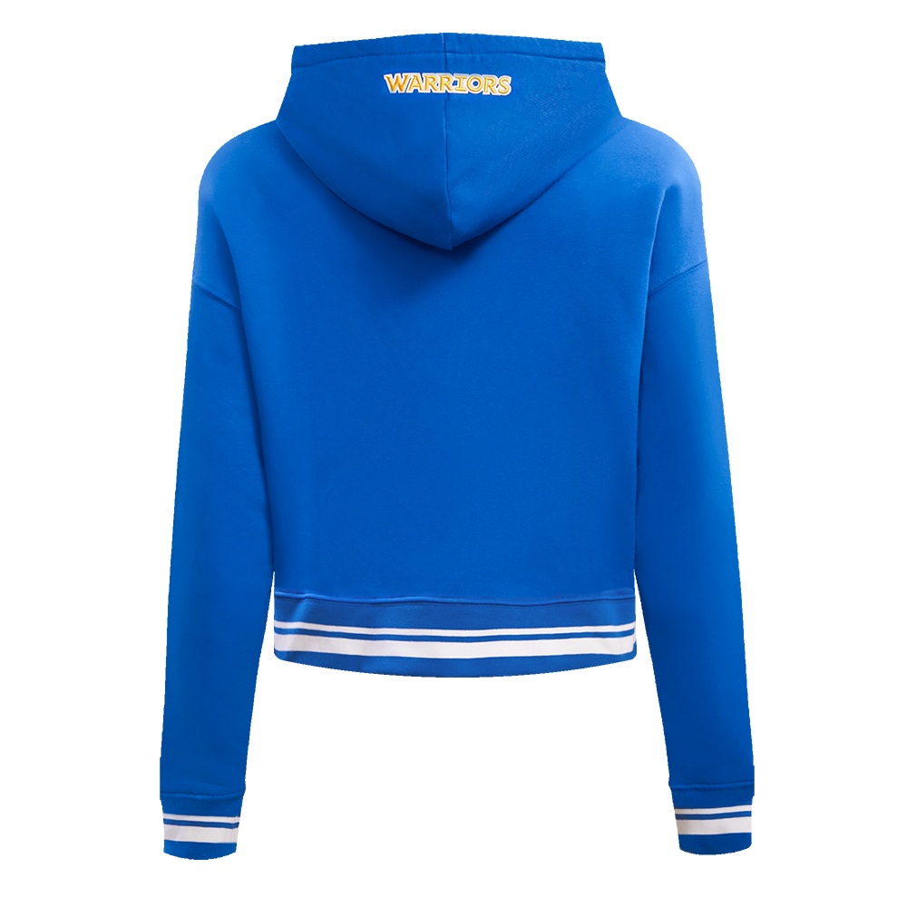 NBA GOLDEN STATE WARRIORS SCRIPT TAIL WOMEN'S RIB FLEECE CROPPED PULLOVER HOODIE (ROYAL BLUE)