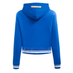 NBA GOLDEN STATE WARRIORS SCRIPT TAIL WOMEN'S RIB FLEECE CROPPED PULLOVER HOODIE (ROYAL BLUE)