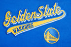 NBA GOLDEN STATE WARRIORS SCRIPT TAIL WOMEN'S RIB FLEECE CROPPED PULLOVER HOODIE (ROYAL BLUE)
