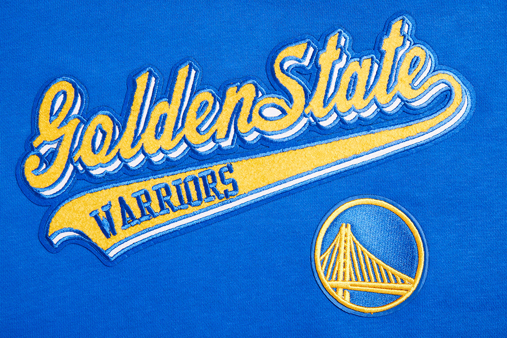 NBA GOLDEN STATE WARRIORS SCRIPT TAIL WOMEN'S RIB FLEECE CROPPED PULLOVER HOODIE (ROYAL BLUE)