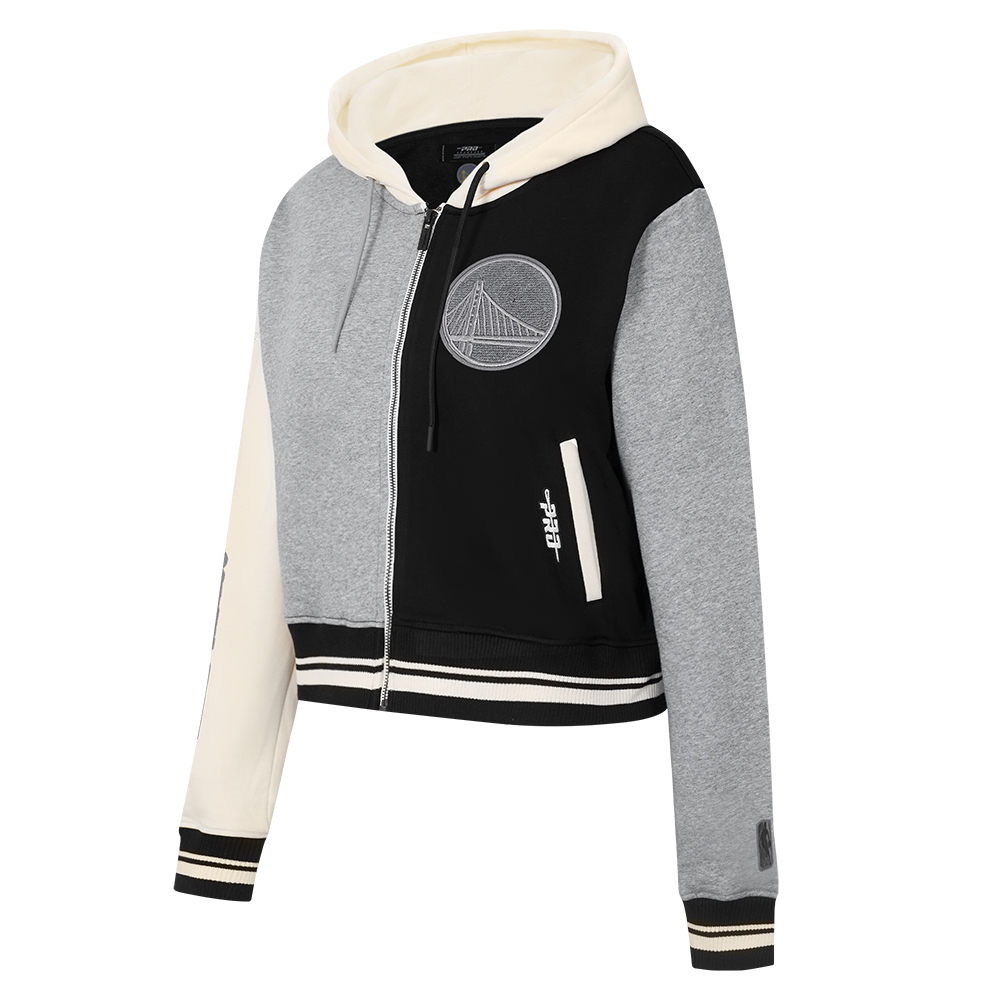 NBA GOLDEN STATE WARRIORS REVERSE FRENCH TERRY WOMEN'S COLOR BLOCK FLEECE FULL ZIP HOODIE (BLACK/GRAY/EGGSHELL)