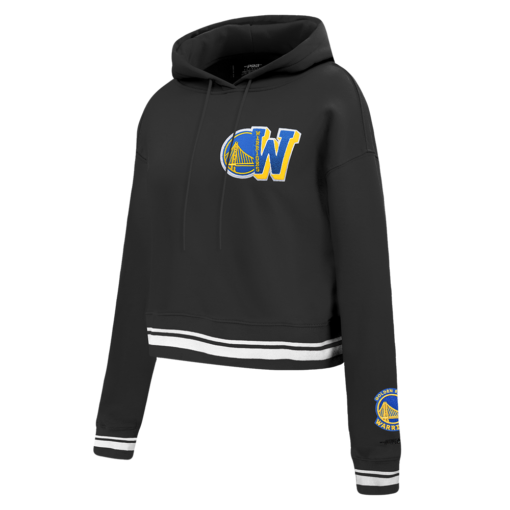 NBA GOLDEN STATE WARRIORS MASHUP WOMEN'S RIB CROPPED PULLOVER HOODIE (BLACK)