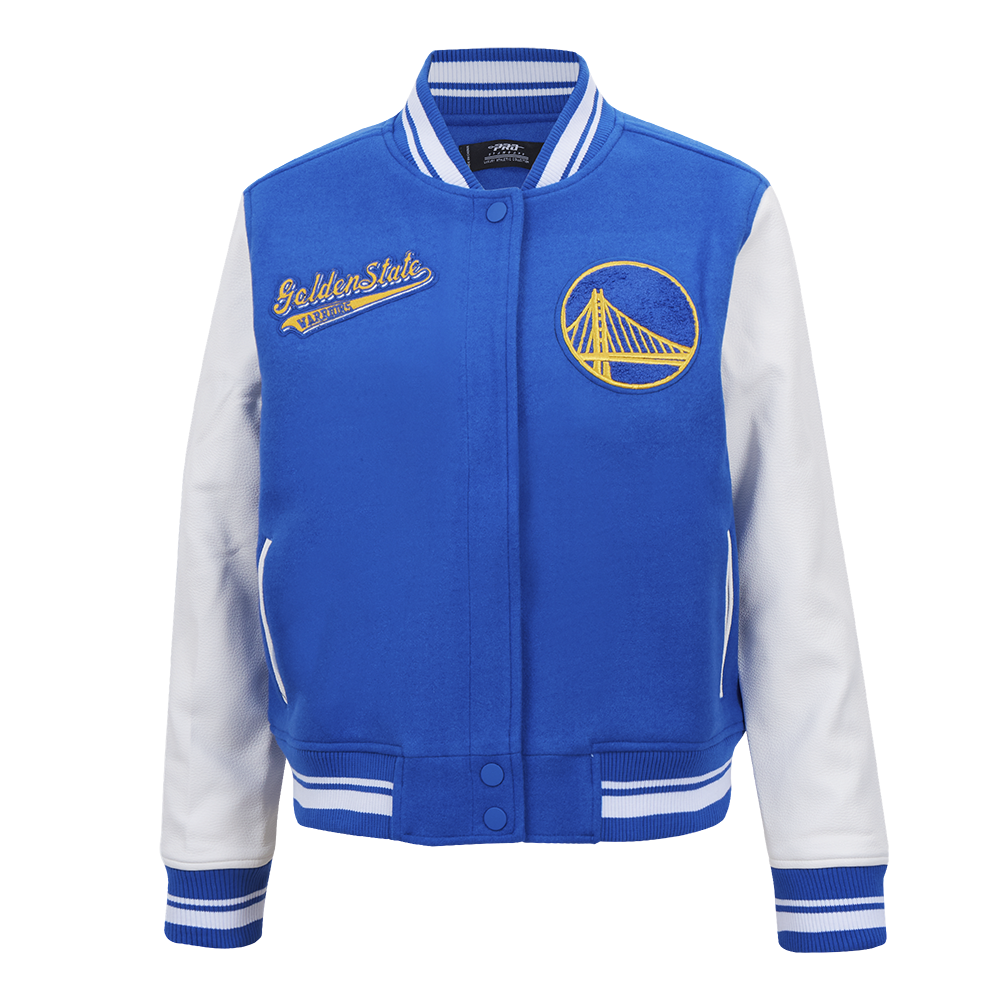 NBA GOLDEN STATE WARRIORS SCRIPT TAIL WOMEN'S WOOL VARSITY JACKET (ROYAL BLUE/WHITE)