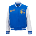NBA GOLDEN STATE WARRIORS SCRIPT TAIL WOMEN'S WOOL VARSITY JACKET (ROYAL BLUE/WHITE)