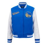 NBA GOLDEN STATE WARRIORS SCRIPT TAIL WOMEN'S WOOL VARSITY JACKET (ROYAL BLUE/WHITE)