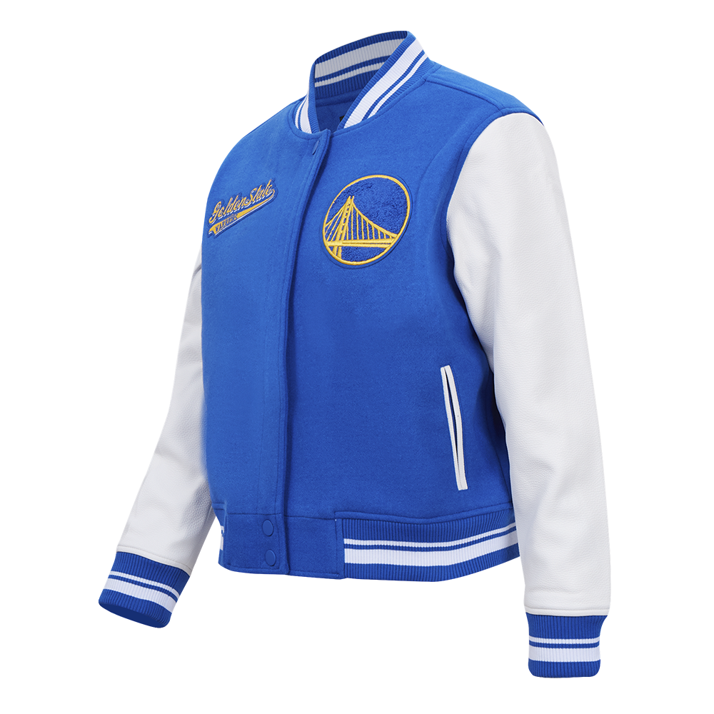 NBA GOLDEN STATE WARRIORS SCRIPT TAIL WOMEN'S WOOL VARSITY JACKET (ROYAL BLUE/WHITE)