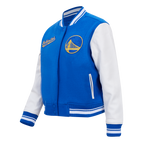 NBA GOLDEN STATE WARRIORS SCRIPT TAIL WOMEN'S WOOL VARSITY JACKET (ROYAL BLUE/WHITE)