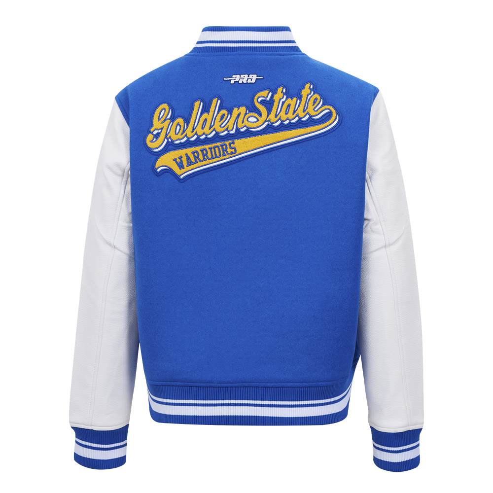 NBA GOLDEN STATE WARRIORS SCRIPT TAIL WOMEN'S WOOL VARSITY JACKET (ROYAL BLUE/WHITE)
