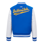 NBA GOLDEN STATE WARRIORS SCRIPT TAIL WOMEN'S WOOL VARSITY JACKET (ROYAL BLUE/WHITE)