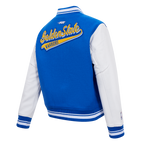 NBA GOLDEN STATE WARRIORS SCRIPT TAIL WOMEN'S WOOL VARSITY JACKET (ROYAL BLUE/WHITE)
