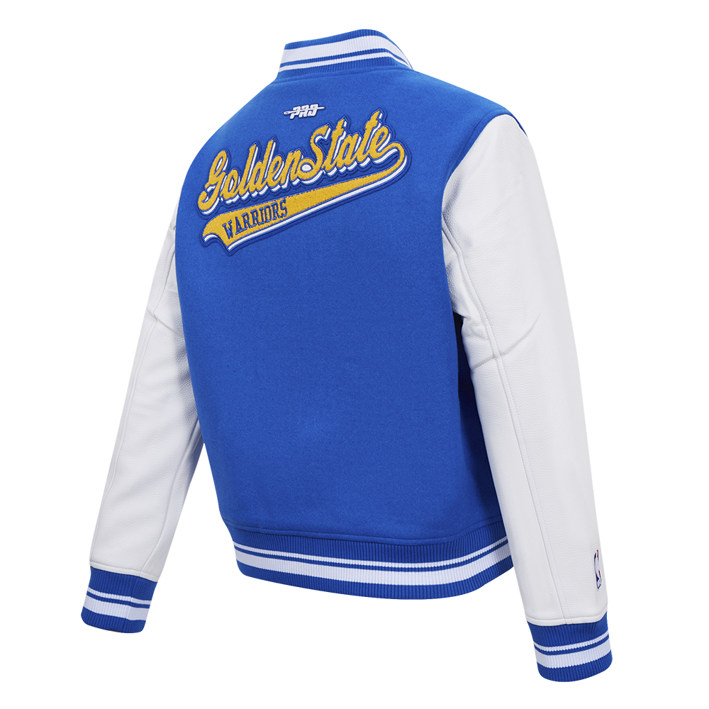 NBA GOLDEN STATE WARRIORS SCRIPT TAIL WOMEN'S WOOL VARSITY JACKET (ROYAL BLUE/WHITE)