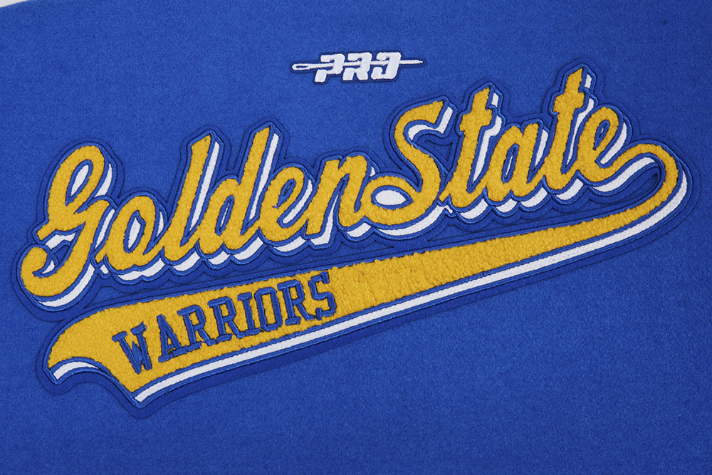 NBA GOLDEN STATE WARRIORS SCRIPT TAIL WOMEN'S WOOL VARSITY JACKET (ROYAL BLUE/WHITE)