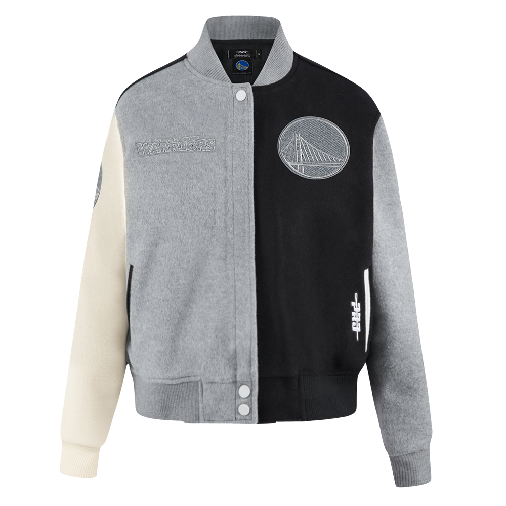 NBA GOLDEN STATE WARRIORS REVERSE FRENCH TERRY WOMEN'S VARSITY JACKET (BLACK/GRAY/EGGSHELL)