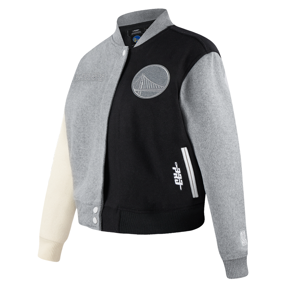 NBA GOLDEN STATE WARRIORS REVERSE FRENCH TERRY WOMEN'S VARSITY JACKET (BLACK/GRAY/EGGSHELL)