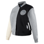 NBA GOLDEN STATE WARRIORS REVERSE FRENCH TERRY WOMEN'S VARSITY JACKET (BLACK/GRAY/EGGSHELL)