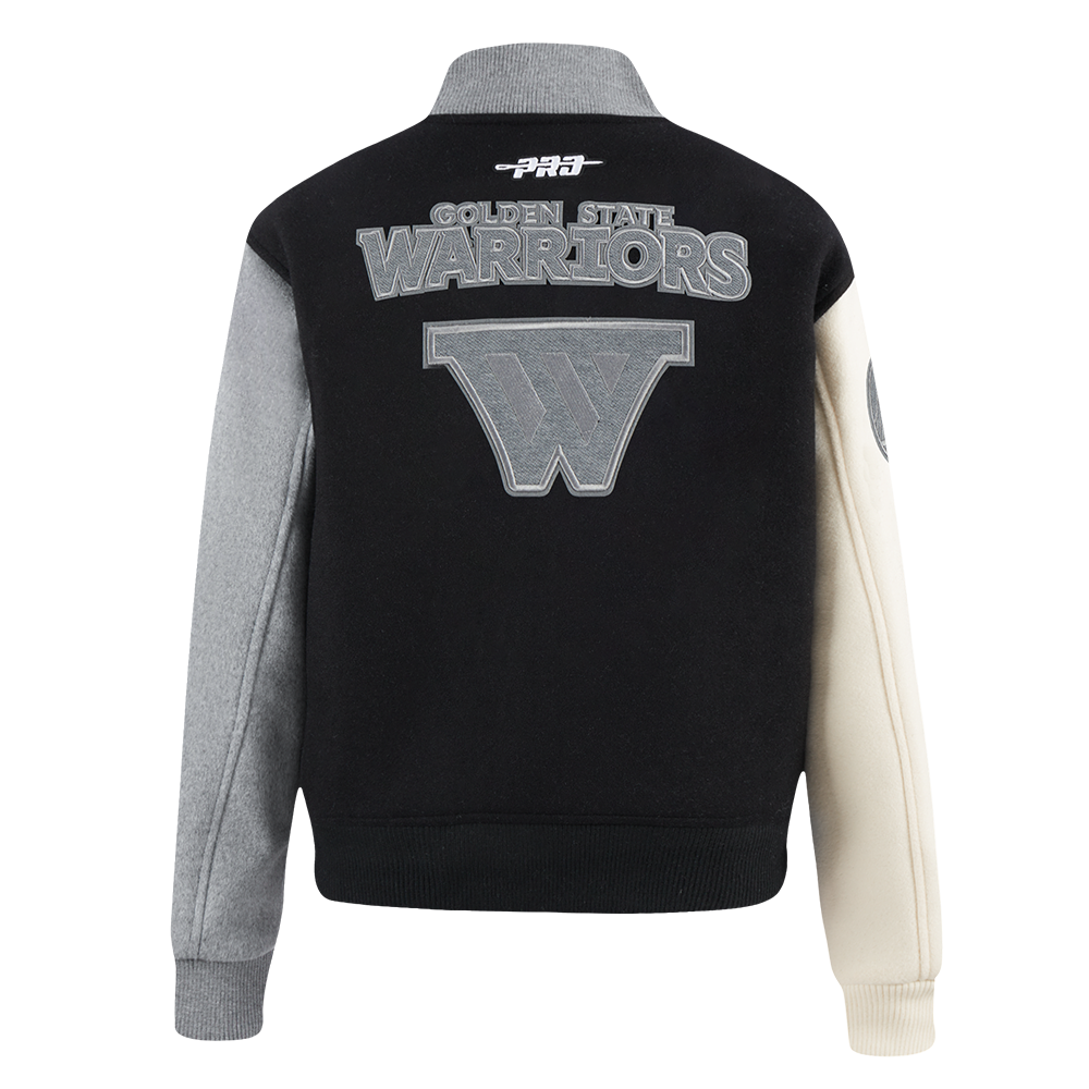 NBA GOLDEN STATE WARRIORS REVERSE FRENCH TERRY WOMEN'S VARSITY JACKET (BLACK/GRAY/EGGSHELL)