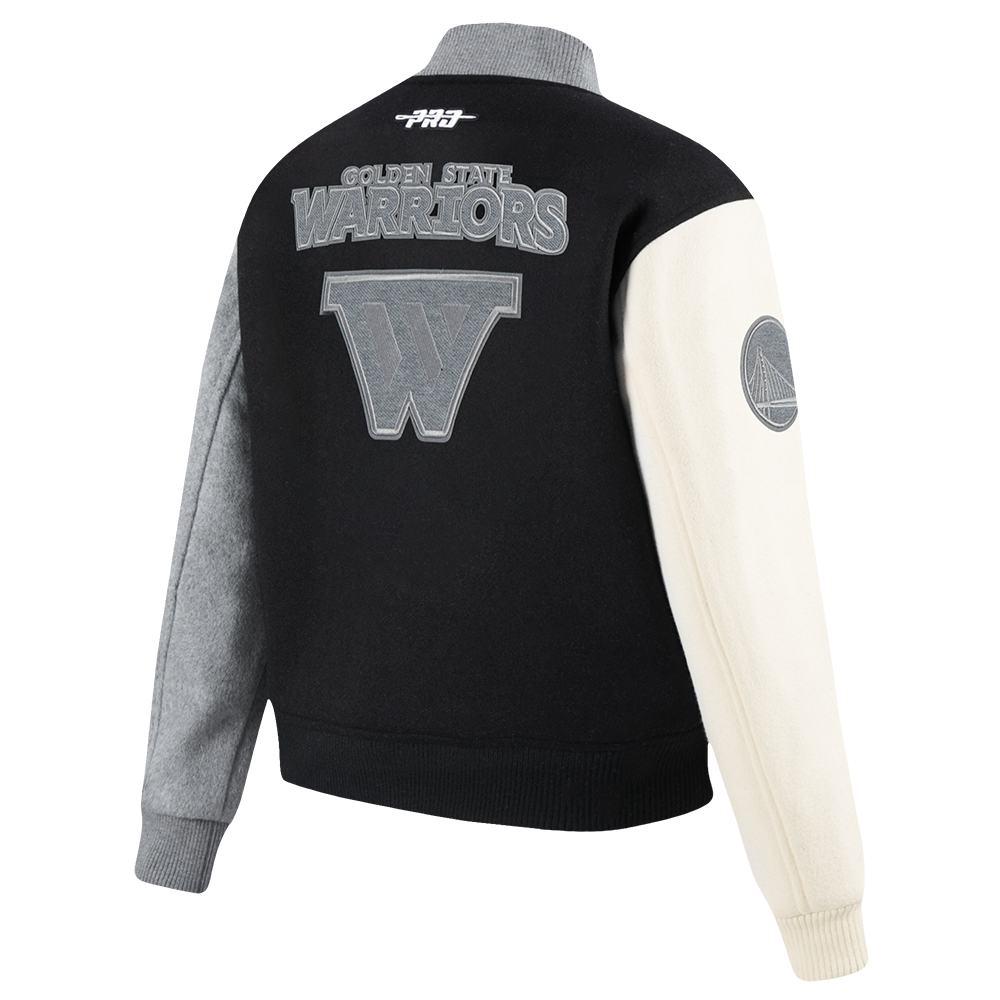NBA GOLDEN STATE WARRIORS REVERSE FRENCH TERRY WOMEN'S VARSITY JACKET (BLACK/GRAY/EGGSHELL)