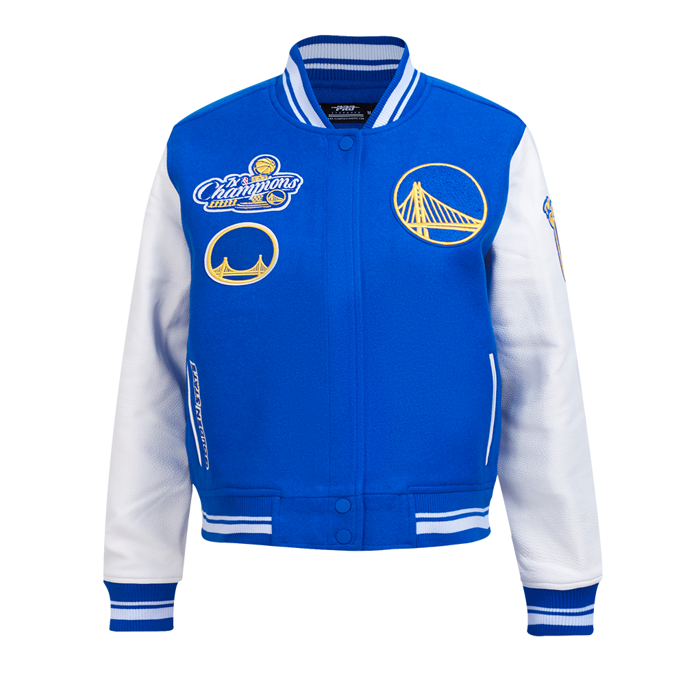 NBA GOLDEN STATE WARRIORS RETRO CLASSIC WOMEN'S RIB WOOL VARSITY JACKET (ROYAL BLUE/WHITE)