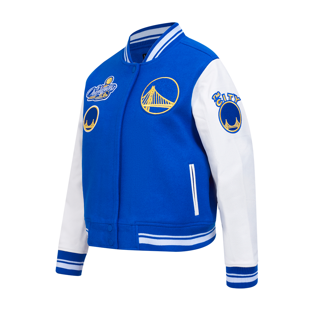 NBA GOLDEN STATE WARRIORS RETRO CLASSIC WOMEN'S RIB WOOL VARSITY JACKET (ROYAL BLUE/WHITE)