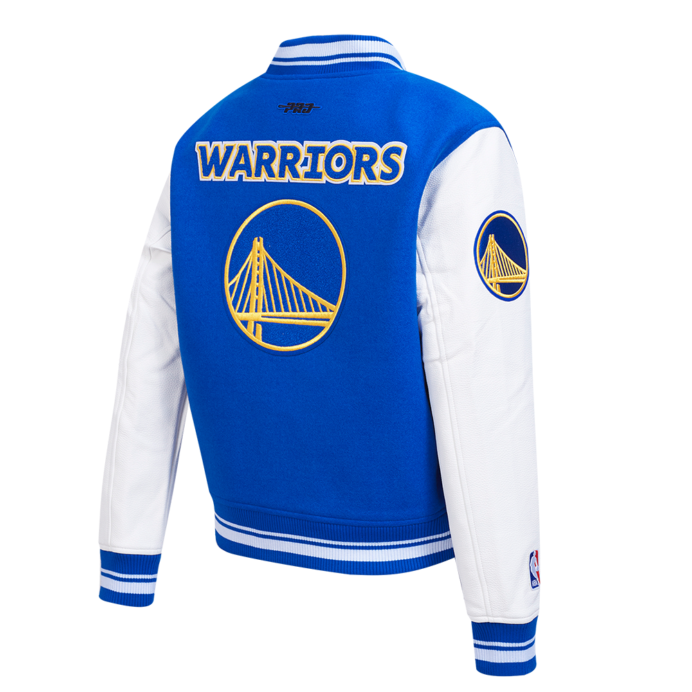 NBA GOLDEN STATE WARRIORS RETRO CLASSIC WOMEN'S RIB WOOL VARSITY JACKET (ROYAL BLUE/WHITE)