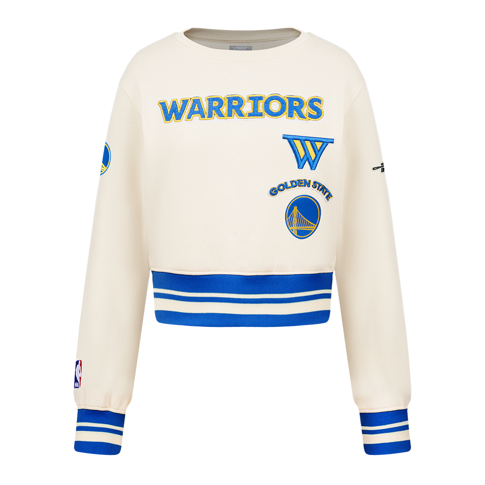 NBA GOLDEN STATE WARRIORS RETRO CLASSIC LITTLE GIRL'S RIB FLEECE CREWNECK (EGGSHELL/ROYAL BLUE)