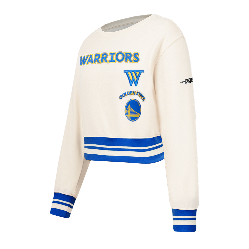 NBA GOLDEN STATE WARRIORS RETRO CLASSIC LITTLE GIRL'S RIB FLEECE CREWNECK (EGGSHELL/ROYAL BLUE)