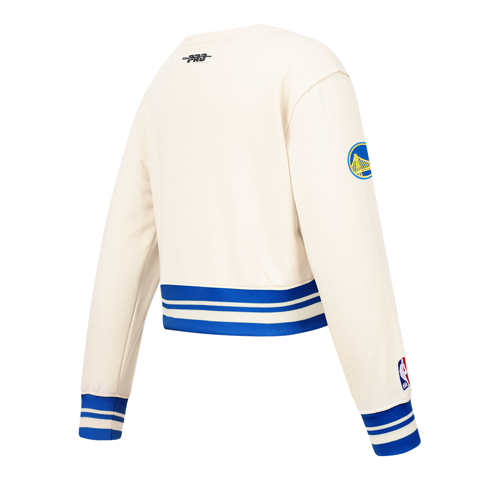 NBA GOLDEN STATE WARRIORS RETRO CLASSIC LITTLE GIRL'S RIB FLEECE CREWNECK (EGGSHELL/ROYAL BLUE)