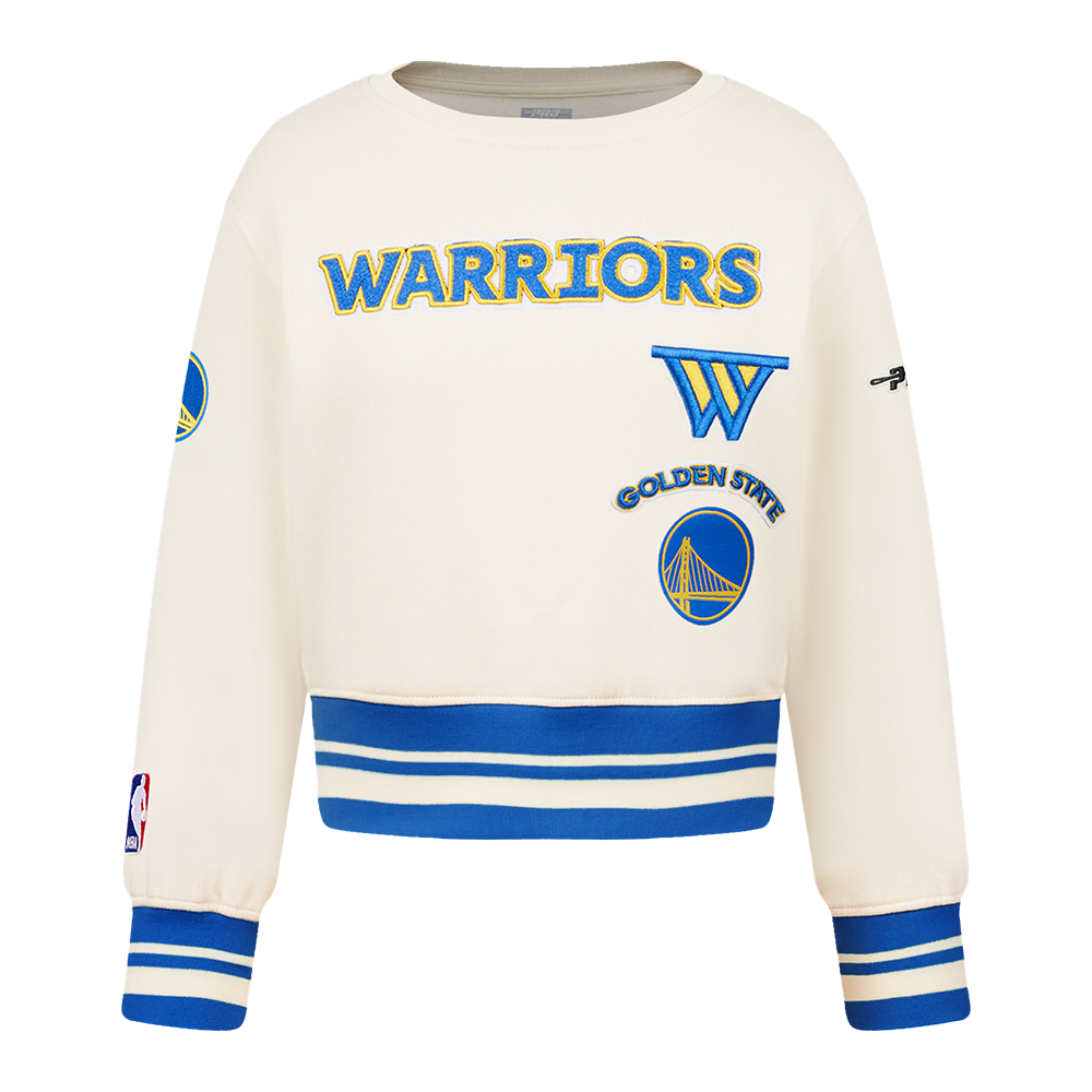 NBA GOLDEN STATE WARRIORS RETRO CLASSIC TODDLER GIRL'S RIB FLEECE CREWNECK (EGGSHELL/ROYAL BLUE)