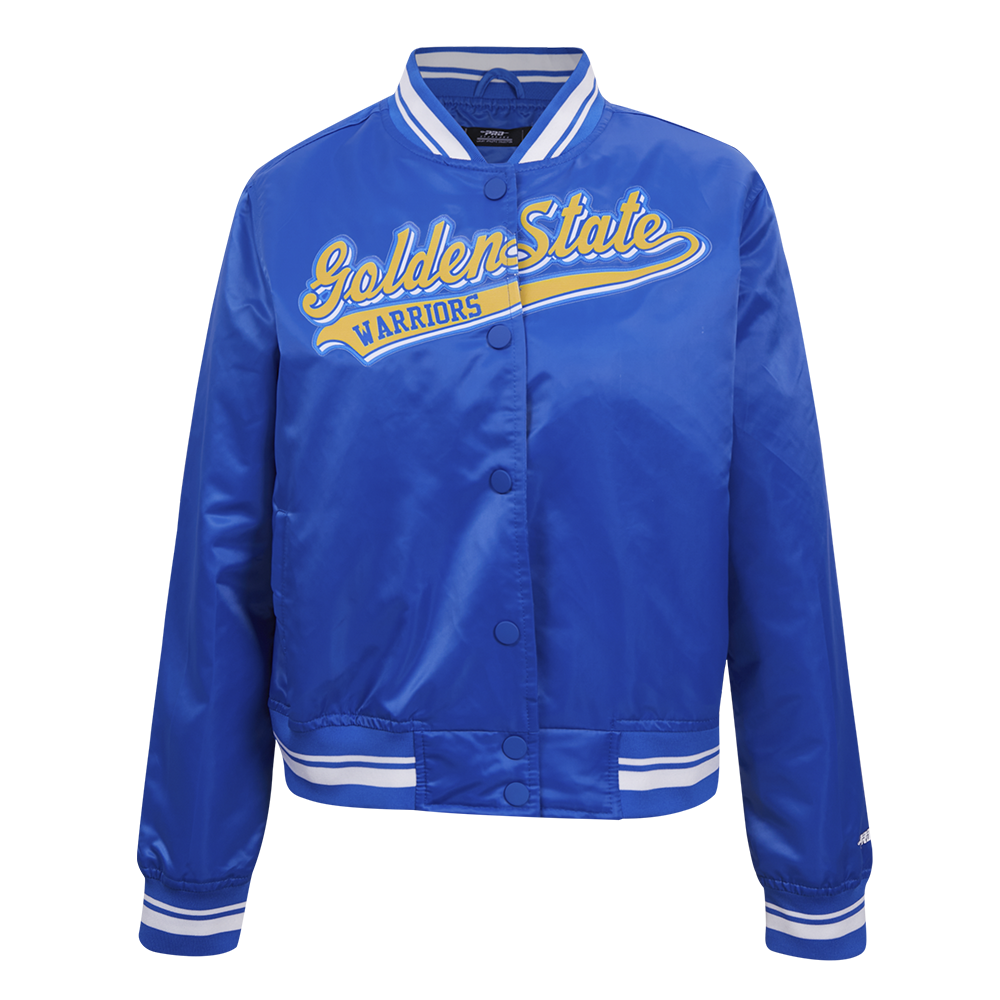 NBA GOLDEN STATE WARRIORS SCRIPT TAIL WOMEN'S SATIN JACKET (ROYAL BLUE)