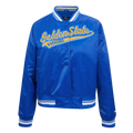 NBA GOLDEN STATE WARRIORS SCRIPT TAIL WOMEN'S SATIN JACKET (ROYAL BLUE)