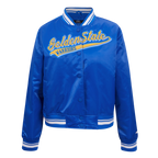 NBA GOLDEN STATE WARRIORS SCRIPT TAIL WOMEN'S SATIN JACKET (ROYAL BLUE)