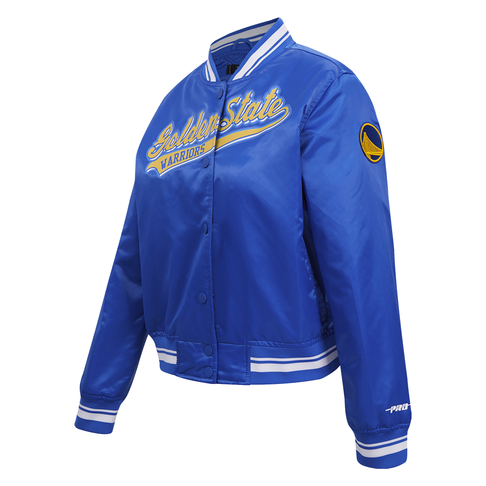 NBA GOLDEN STATE WARRIORS SCRIPT TAIL WOMEN'S SATIN JACKET (ROYAL BLUE)
