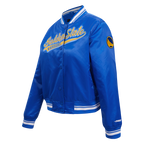 NBA GOLDEN STATE WARRIORS SCRIPT TAIL WOMEN'S SATIN JACKET (ROYAL BLUE)