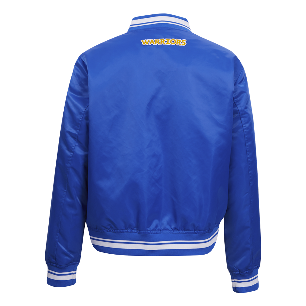 NBA GOLDEN STATE WARRIORS SCRIPT TAIL WOMEN'S SATIN JACKET (ROYAL BLUE)