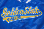 NBA GOLDEN STATE WARRIORS SCRIPT TAIL WOMEN'S SATIN JACKET (ROYAL BLUE)