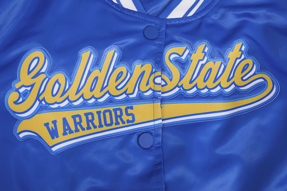 NBA GOLDEN STATE WARRIORS SCRIPT TAIL WOMEN'S SATIN JACKET (ROYAL BLUE)