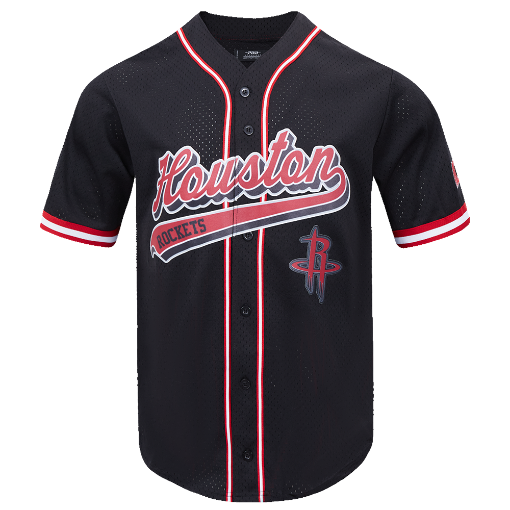 NBA HOUSTON ROCKETS SCRIPT TAIL MEN'S MESH BUTTON DOWN SHIRT (BLACK/RED)