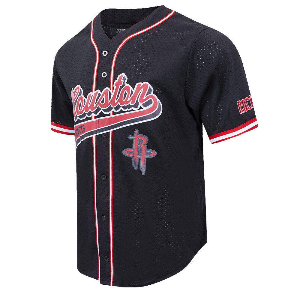 NBA HOUSTON ROCKETS SCRIPT TAIL MEN'S MESH BUTTON DOWN SHIRT (BLACK/RED)