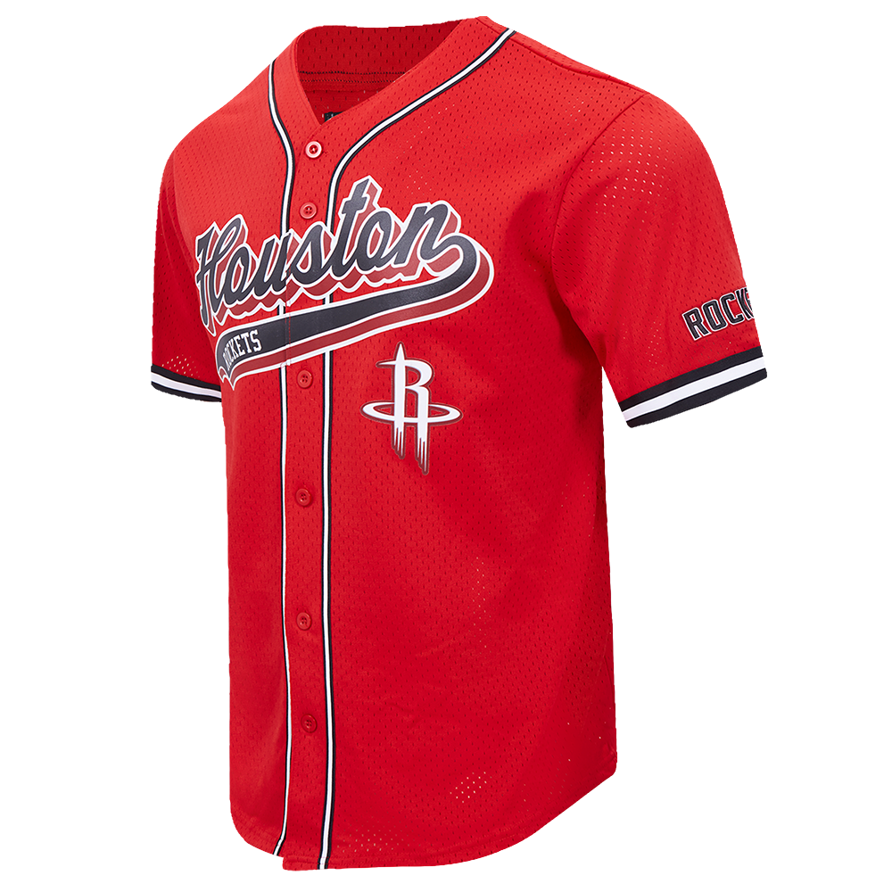 NBA HOUSTON ROCKETS SCRIPT TAIL MEN'S MESH BUTTON DOWN SHIRT (RED/BLACK)