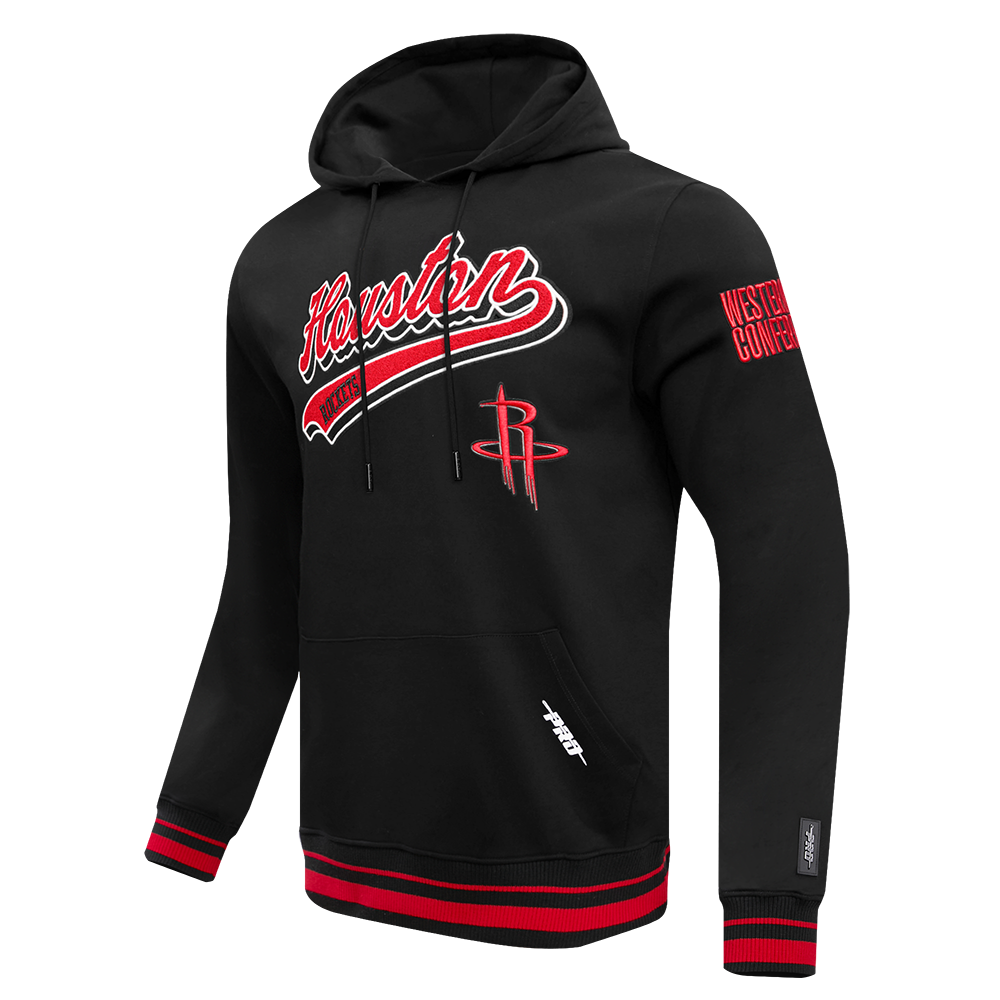 NBA HOUSTON ROCKETS SCRIPT TAIL MEN'S RIB FLEECE PULLOVER HOODIE (BLACK/RED/BLACK)