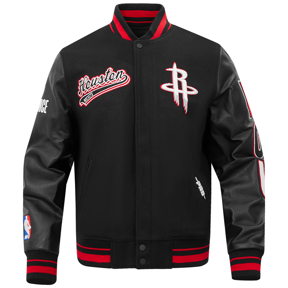 NBA HOUSTON ROCKETS SCRIPT TAIL MEN'S VARSITY JACKET (BLACK/RED/BLACK)
