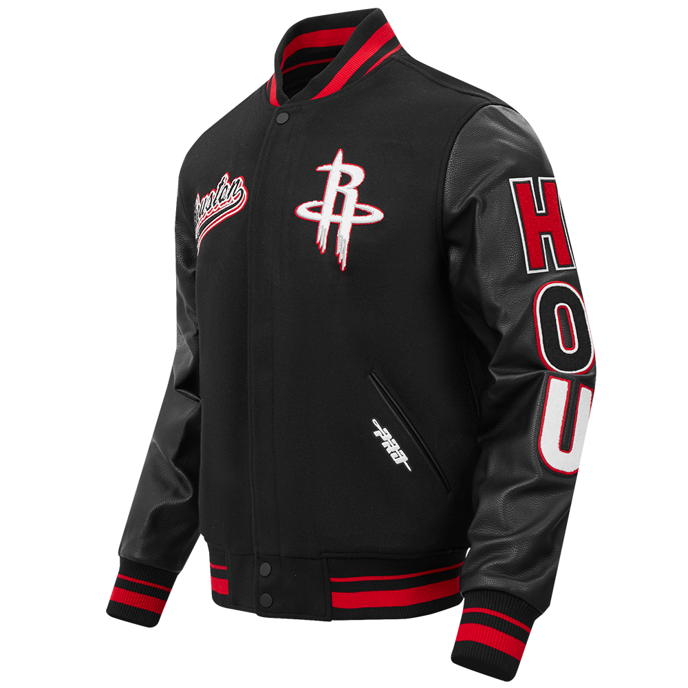NBA HOUSTON ROCKETS SCRIPT TAIL MEN'S VARSITY JACKET (BLACK/RED/BLACK)