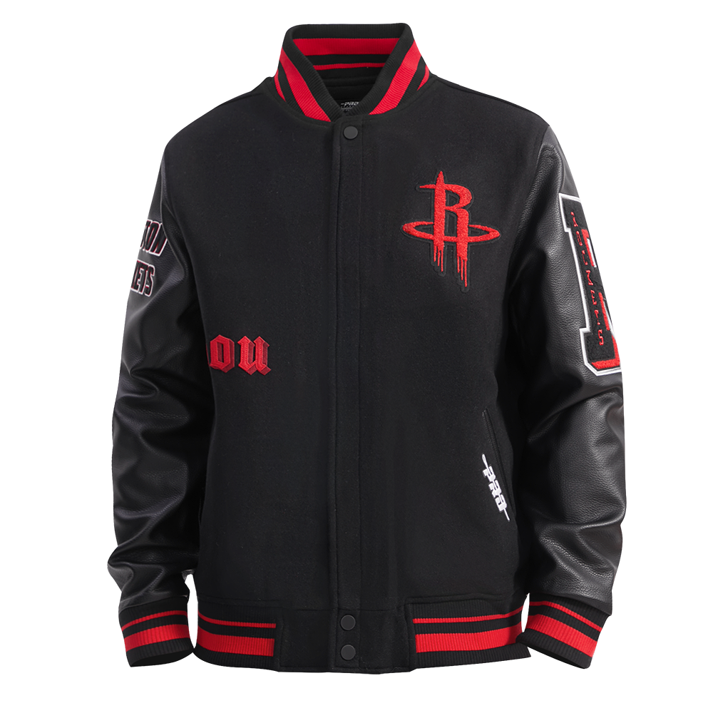 NBA HOUSTON ROCKETS OLD ENGLISH BLOUSON COLLÉGIAL EN LAINE À BORDS CÔTELÉS POUR HOMME (NOIR/ROUGE/NOIR)
