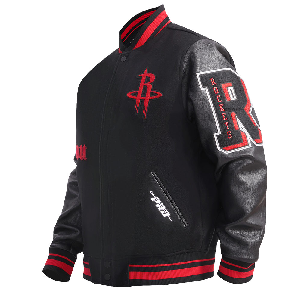 NBA HOUSTON ROCKETS OLD ENGLISH BLOUSON COLLÉGIAL EN LAINE À BORDS CÔTELÉS POUR HOMME (NOIR/ROUGE/NOIR)