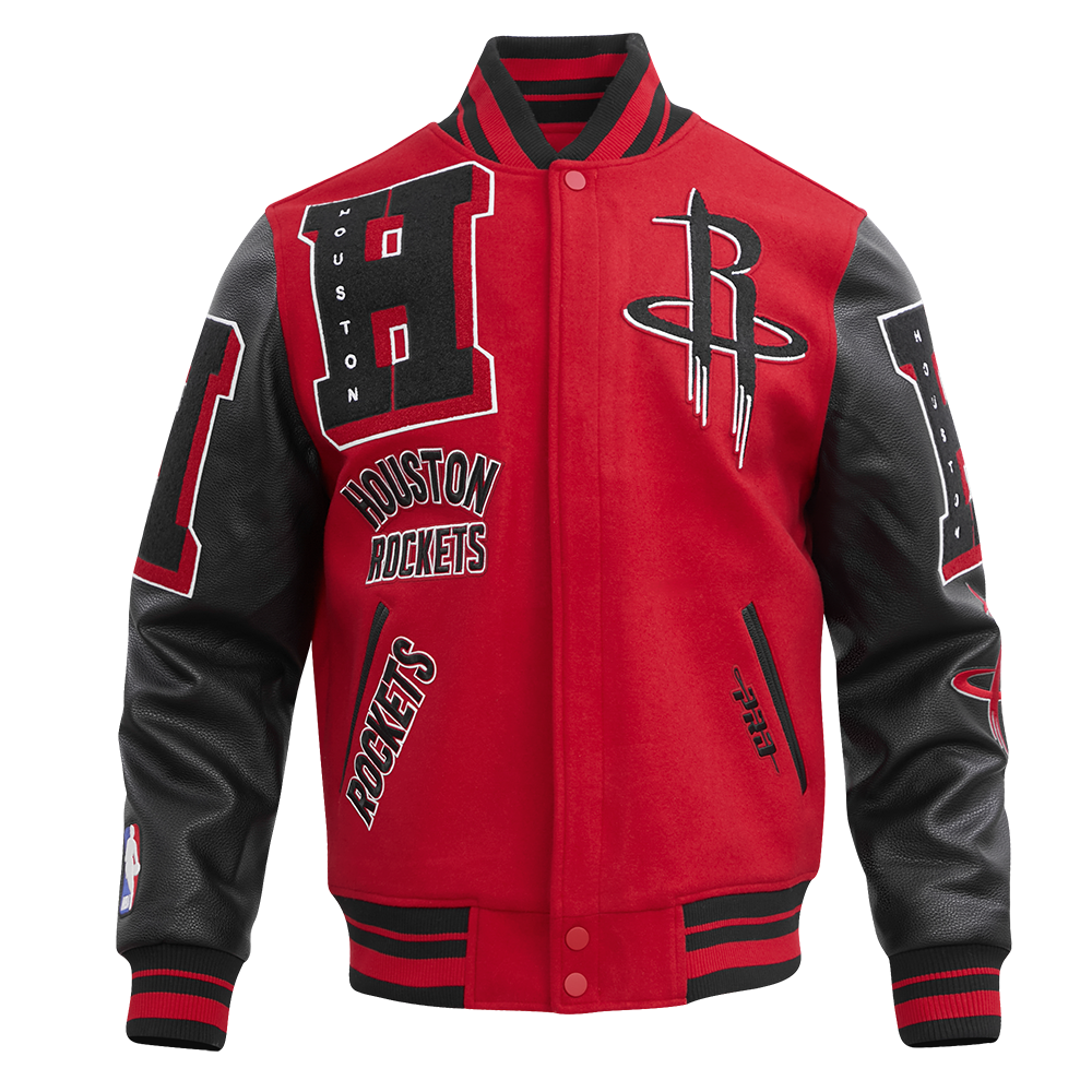NBA HOUSTON ROCKETS MASH UP BLOUSON COLLÉGIAL EN LAINE À BORDS CÔTELÉS POUR HOMME (ROUGE/NOIR)