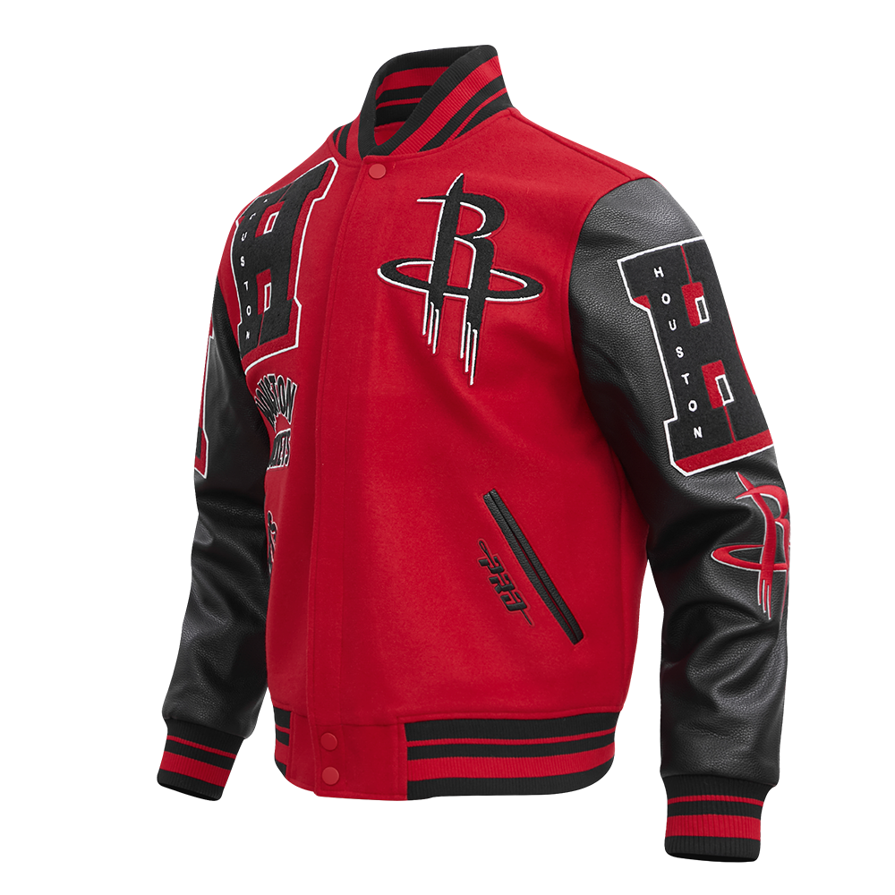 NBA HOUSTON ROCKETS MASH UP BLOUSON COLLÉGIAL EN LAINE À BORDS CÔTELÉS POUR HOMME (ROUGE/NOIR)
