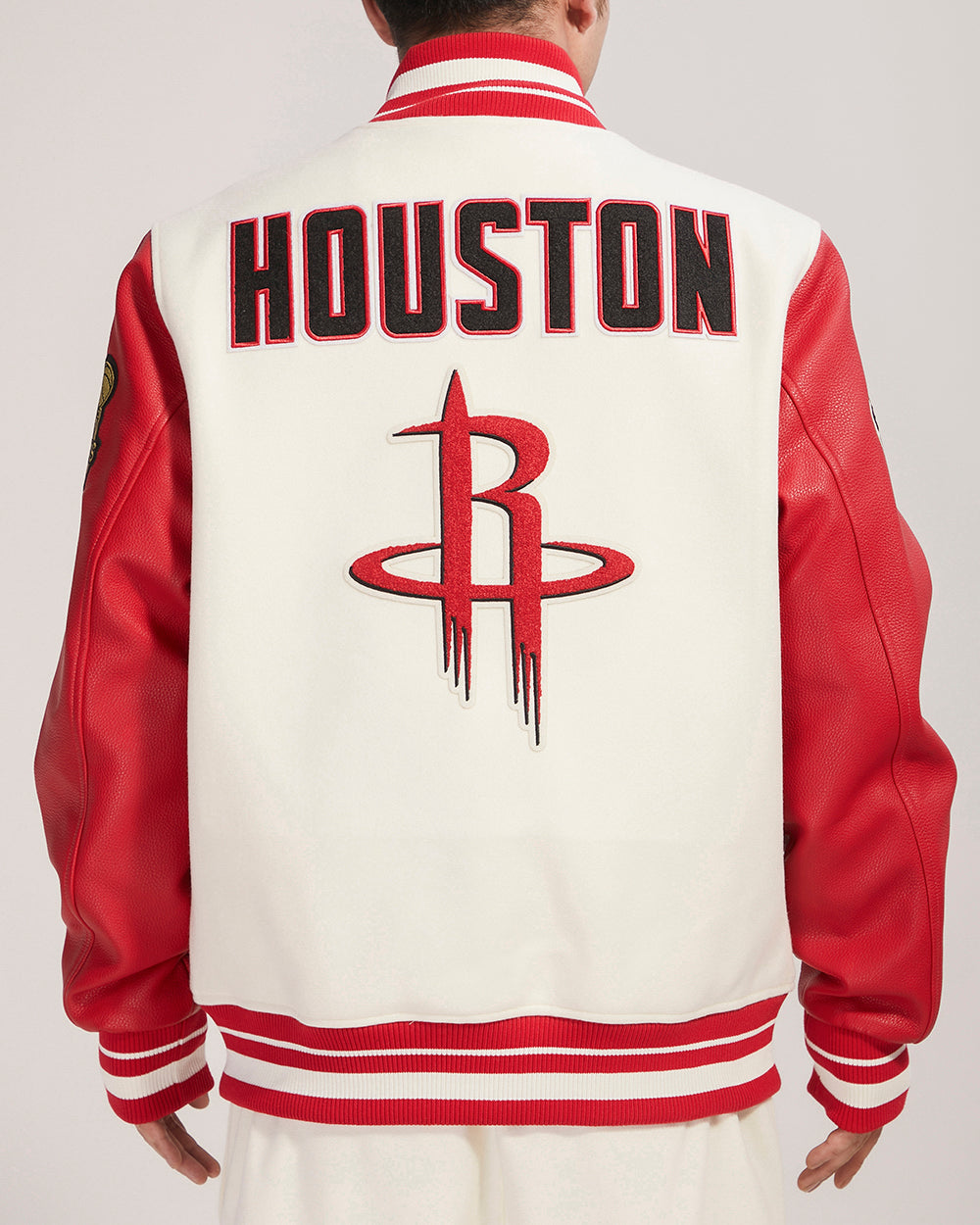 NBA HOUSTON ROCKETS RETRO CLASSIC MEN'S RIB WOOL VARSITY JACKET (EGGSHELL/ RED)