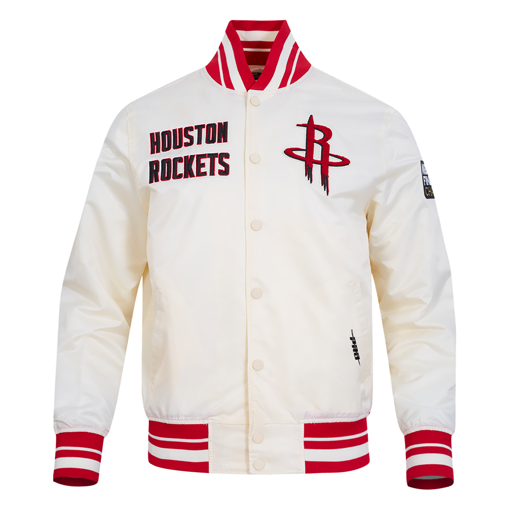 NBA HOUSTON ROCKETS RETRO CLASSIC BLOUSON EN SATIN À BORDS CÔTELÉS POUR HOMME (COQUILLE D'ŒUF/ROUGE)