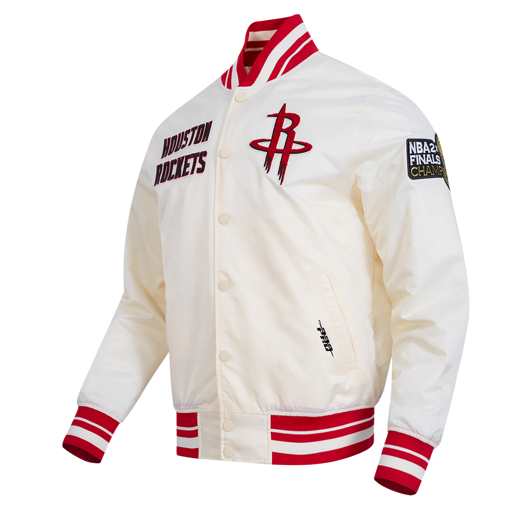 NBA HOUSTON ROCKETS RETRO CLASSIC BLOUSON EN SATIN À BORDS CÔTELÉS POUR HOMME (COQUILLE D'ŒUF/ROUGE)