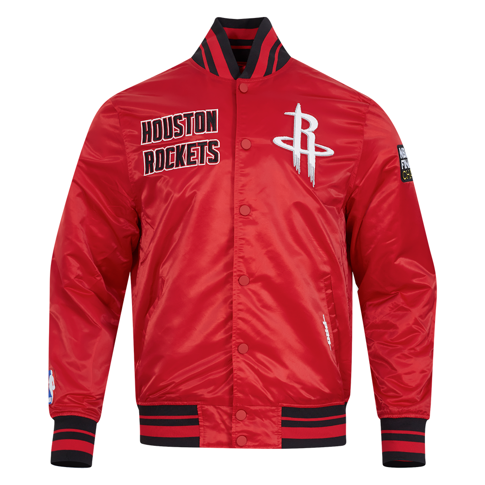 NBA HOUSTON ROCKETS RETRO CLASSIC BLOUSON EN SATIN À BORDS CÔTELÉS POUR HOMME (ROUGE/NOIR)